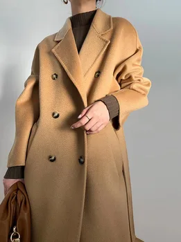Зимата кашемировое вълна палто Ripple, женски свободно палто със средна дължина, цвят каки, дамска мода 2023, Есен двубортное палто камилска козина черен цвят.