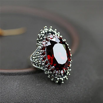 Реколта пръстени от червено на синьо сребрист цвят, модерно луксозно пръстен с голям кристал на цирконий, дамско бижу украса за сватбени партита, подарък