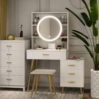 Тоалетка с огледало и осветление, зареждане с масичка с 4 чекмеджета, тоалетен огледало с осветление и настолен комплект