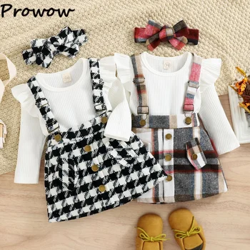 Prowow Комплекти дрехи за малките момичета от 0 до 3 години, бял гащеризон + клетчатое рокля на подтяжках за новородено, есенно-зимни дрехи за малките момичета