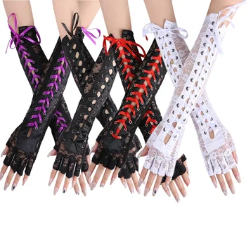 Дамски Секси флорални дантелени ръкавици с дълги ръкави до лакътя на полпальца, завязывающиеся шнурком на денс парти в нощен клуб, ажурни мрежести ръкавици без пръсти