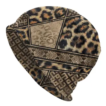 Леопардовый кожа с етнически орнаменти, шапки-качулки в стил хип-хоп, улични тюбетейки, шапки, кафяв, мъжки термоэластичная шапка с животни-леопардами