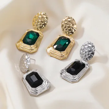 2023 Реколтата, бижута за банкети и партита във френски стил, обеци със зелен камък и кристали за жени, метални обеци с геометричен дизайн