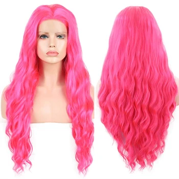FANXITION Розов Дълъг синтетични перука от естествена вълна за жени, Персиково-розово Вълнообразни синтетични перука с дантела отпред, перуки, изработени от тепловолокнистых коса за cosplay