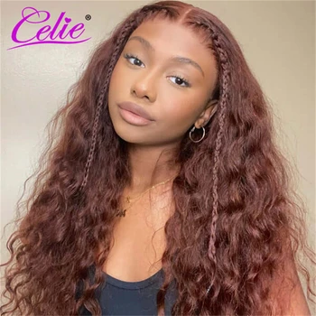 Celie Hair # 33 Червеникаво-Кафява Перука Вълна на Вода Кестен Мед HD Прозрачен Перука От Човешка Коса На дантели 200% 5x5 Перука Със Затварянето на Дантела