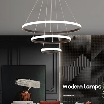 Модерен Окачен Лампа Led Rings Circle Таванна Подвесная Полилей Черен Таван На Хол С Трапезария И Кухня Вътрешно Осветление 3