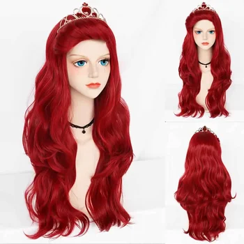 Синтетични косми Princess Crown с дължина 26 инча, вълниста червена коса Princess Момичета, малката Русалка Ариел, cosplay-перука за Хелоуин и Коледа