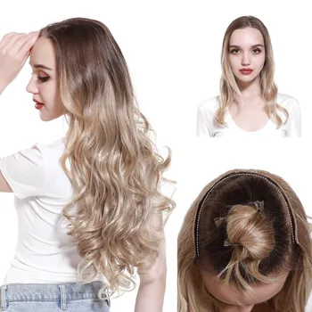Синтетичен блондинистый скоба за удължаване на коса, къдрава цельнокроеные изкуствена коса, топлоустойчива естествени режийни коса за жени