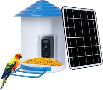 Автоматичен фидер на папагали, а за дивите птици, контейнер за канареечных семена, приложение за телефона. Автоматична ясла за птици с дистанционно управление за слънчева батерия с камера