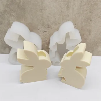 Зайо Свещник Силиконова форма на DIY Поставка Животни Гипсовый Свещник Форма на 3D Сладък Заек Поставка за свещи Занаяти Начало декор