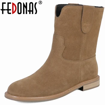 FEDONAS/ Женски ботильоны задържани в стила на ниски обувки от волска кожа, велур; Есенно-зимни обувки; Дамски ежедневни офис къса обувки с кръгло бомбе;