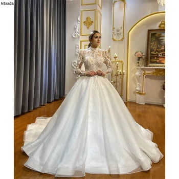 NS4434 Просто елегантна сватбена рокля с А-силует Illusion, расшитое мъниста