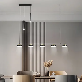 Модерна led полилей за трапезария с прожектором, кухненски дългата маса, черно окачен тавана лампа, декор в неутрални цветове