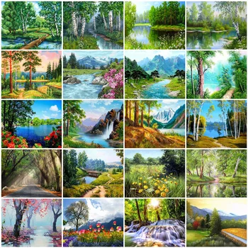 HUACAN САМ Фоторамка за Оцветяване На Номер Дърво Природа Комплекти Живопис На Номер Езерото Пролет Модерна Върху Платно Ръчно Рисувани Артистичен Подарък