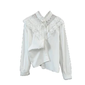 Разпродажба на блузи с френски шик за жени с висока яка, дантелен ризи в стил мозайка с дълги буйни ръкави, есенни ежедневните женски блузи 4