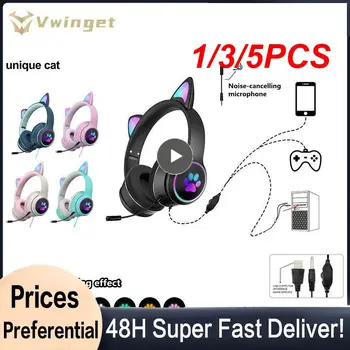 1/3 / 5ШТ Слушалки за геймъри с кошачьими уши, скъпа слушалка за момичета, слушалки с двойно шумопотискане с микрофон, RGB Light Virtual 7.1