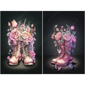 5D направи си САМ Пълна Квадратна бормашина, Диамантена живопис Розово Цвете Армейските обувки Комплект аксесоари за дома