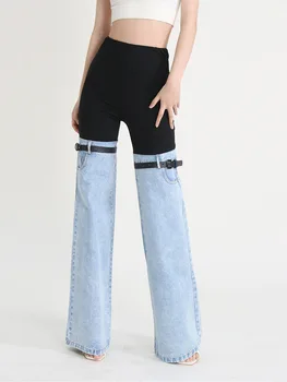Улични модни дънки 2023 година, нов дизайн с еластичен колан и персонализирани сращиванием, прави широки ежедневни панталони с широки штанинами