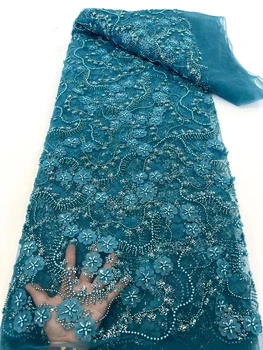 Новата 3D апликация от мъниста, Нигерийская модни тръба от мъниста, пайети, плат за сватбена рокля, 5 ярда