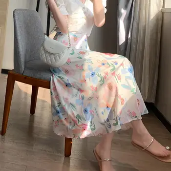 2023 Нова шифоновая пола с цветен модел, дамски елегантна пола трапецовидна форма със средна дължина, с висока талия, пролетно-летни модни и ежедневни пола