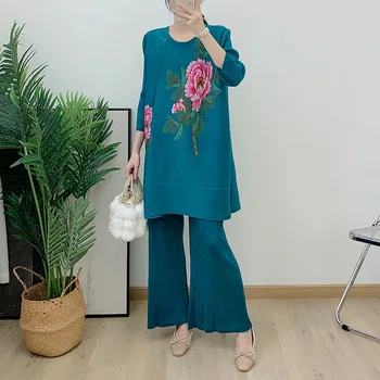 Дамски комплект от две части в китайски стил с принтом божур Miyake, новост 2024 година, пролетта рокля-жилетка на една пуговице, модни дрехи