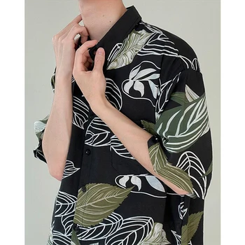 Качествени черни, Зелени листа, ръчно рисувани, эстетичные мъжки ризи, свободни ежедневни ризи с копчета, дамски блузи, Хавайски плажна блуза