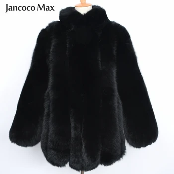 Луксозно дамско палто от лисьего кожа, модни черни дълги якета от естествена кожа, дамско палто S7534