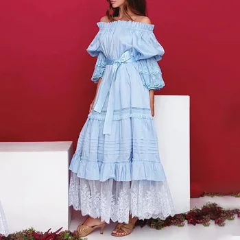 Най-новата мода на ГЛАВНАТА УЛИЦА, лято 2023, Секси дълга рокля с дантелено однолинейным деколте и ръкави-мехурчета на експозиции.