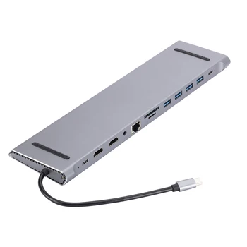 12 в 1 Мулти USB сплитер, който е съвместим с Type-C към HDMI адаптер от алуминиева сплав, докинг станция за лаптоп с мощност 100 Вата мощност, концентратор, RJ-45, VGA USB C 2
