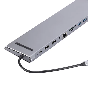 12 в 1 Мулти USB сплитер, който е съвместим с Type-C към HDMI адаптер от алуминиева сплав, докинг станция за лаптоп с мощност 100 Вата мощност, концентратор, RJ-45, VGA USB C 4