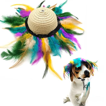 Сламена шапка за кучета и котки, солнцезащитная шапка от разноцветни пера за домашни любимци с регулируема каишка за брадичката, забавен подпори за партита, шапка-кофа за Хавай в градината 0