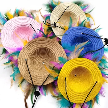 Сламена шапка за кучета и котки, солнцезащитная шапка от разноцветни пера за домашни любимци с регулируема каишка за брадичката, забавен подпори за партита, шапка-кофа за Хавай в градината 2
