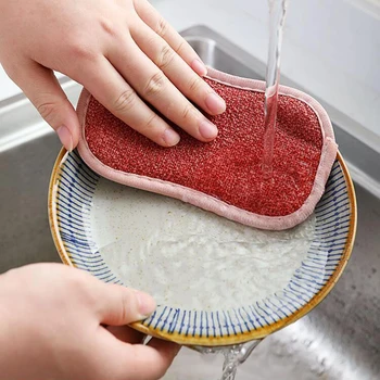 4ШТ Двустранно гъба за почистване на кухня гъба-тел за домашен миене на съдове, аксесоари за почистване на баня, почистващи подложки 3