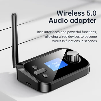 Аудиопередатчик-приемник, Bluetooth 5.0 с микрофон, Стереооптический Коаксиален конектор AUX вход 3.5 мм, Безжичен адаптер RCA, телевизор, КОМПЮТЪР, Авто високоговорител