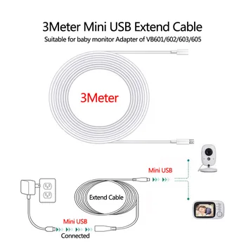 3-метров удлинительный кабел Кабел за радионяни захранващ Адаптер Универсален Подходящ за VB601/603/605/607 Конектор Mini-USB за камерата