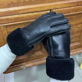 Кожени ръкавици за жени през зимата, сгъстено топли вълнени ръкавици от естествен стриженого кожа