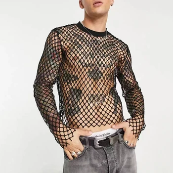 Мъжки Есенна Прозрачна Секси Тениска В рибарска мрежа, Младежки Тенденция, Дишаща Прост Еластичен Мрежест Кухи Топ С дълъг Ръкав За Мъже