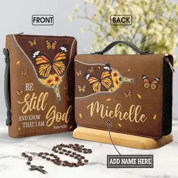 Класическа кожена чанта за Библията, успокой се и знай, че Аз съм Бог, калъф за Библията с принтом пеперуди, Индивидуална кутия за съхранение на Светиите