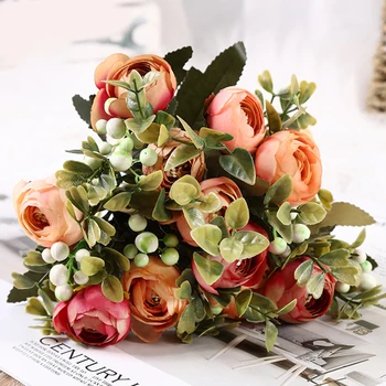 1 Букет от изкуствени цветя, Роза, чай пъпка, цвете Камелия, коприна, изкуствени цветни пъпки за домашна градина, сватбени декорации със собствените си ръце, растения