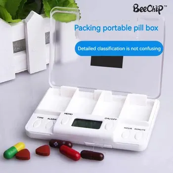 Кутия за хапчета с 4 отделения, електронно напомняне за времето, преносима кутия за таблетки за пътуване, преносим фланец органайзер за хапчета, контейнер за лекарства