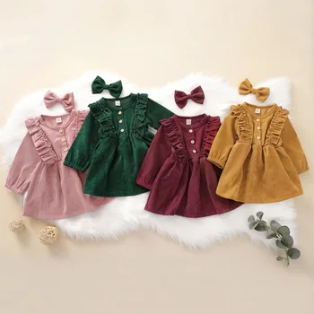 2 бр., пролет-есен детско вельветовое рокля за момичета, винтажное рокля-пакетче с дълги ръкави и набори, папийонка, комплект от две части за момичета