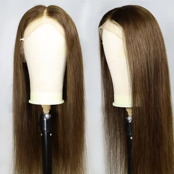 Светло-кафяв # 4 Цвят, дантела перуки на челото си коси, дълги прозрачни Естествени Бразилски дантела перуки за жени, човешка коса