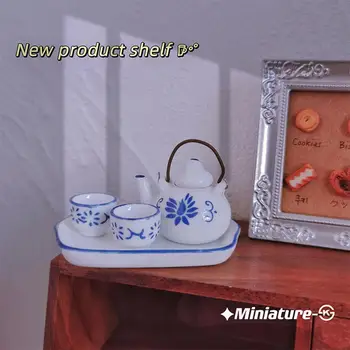 Миниатюрен декор трапезария Миниатюрни керамични Чай Украса за куклена къща Чинийка Чайник Чаени чаши Мини Фигурки Моделиране