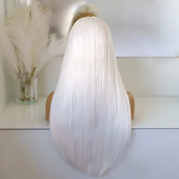 AIMEYA Бели синтетични дантела перуки за жени, дълга права перука перука от устойчиви на топлина влакна, перука отпред, натурална линия на растеж на коса, перуки за cosplay 2