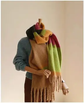 Модерен цветен шал, зимни Топли Меки Женски Сгъстено Луксозни шалове дизайнерско на марката с пискюли, мъжки креативна Голяма шал
