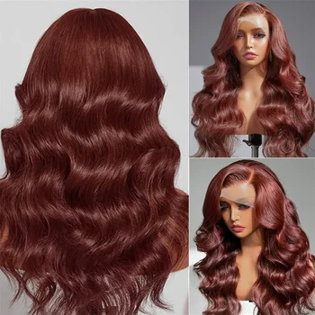 Червеникаво-кафявите перуки, изработени от човешка коса с масова вълна, 200 плътност, цвят, предварително выщипанные, Прозрачни, 13x6 HD, перуки с дантелен предна част за жени