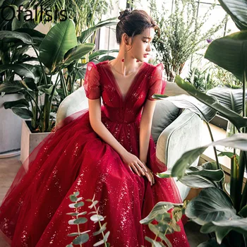 Ofallsis Вино-червено Сватбена рокля с V-образно деколте и с пищните ръкави на Булката 2023 Лятото на Нов стил за Дълги рокли за годеж с червени Хляб Дамски рокли