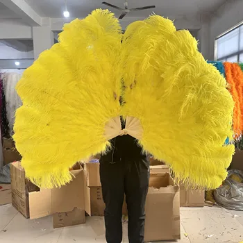 Жълти Големи вентилатора от страусиных пера за танцово шоу, сценичното представяне, подпори за сватбена карнавал, ръчно фен от страусиных пера