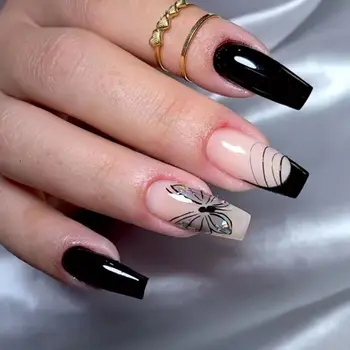 24шт Дълги френски режийни ноктите под формата на балерина, черна пеперуда и лилави цветя, акрилни изкуствени нокти, наклеивание на ноктите, ноктите със собствените си ръце