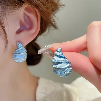 Корейски Ретро Елегантни обеци с маслени мивки под формата на капки за жени, модни Сладки Сини райета обеци в формата на мидени черупки, Бижута, Аксесоари